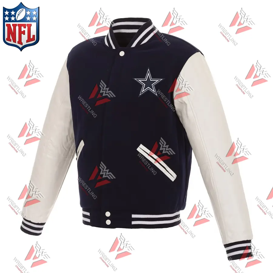 Dallas Cowboys Reversible Fleece Jacket with Faux Leather Sleeves - NavyWhite